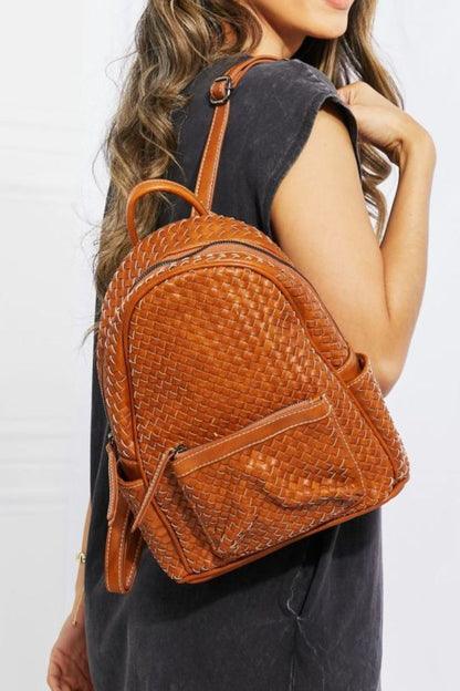 Faux Leather Woven Backpack in Chestnut