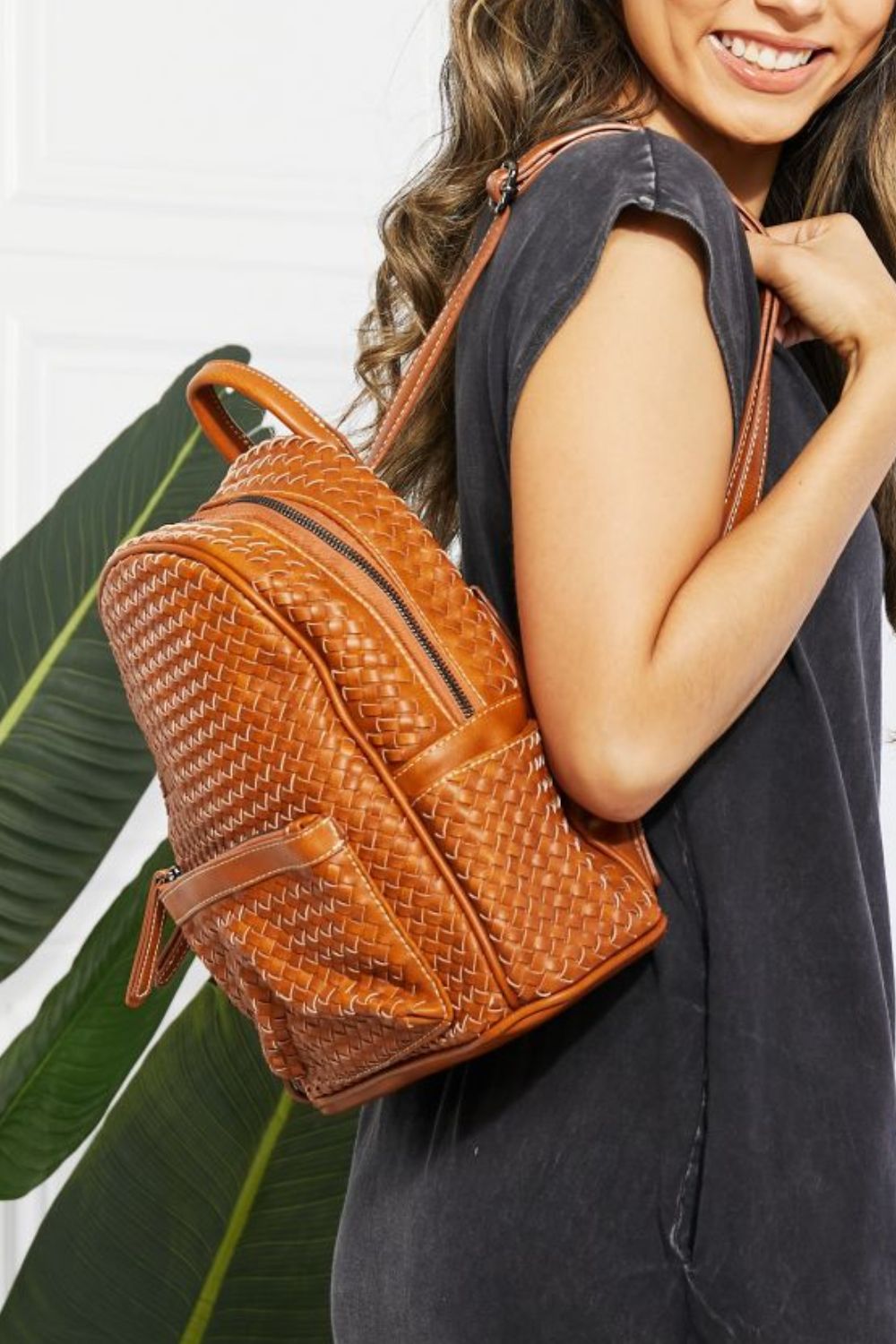 Faux Leather Woven Backpack in Chestnut