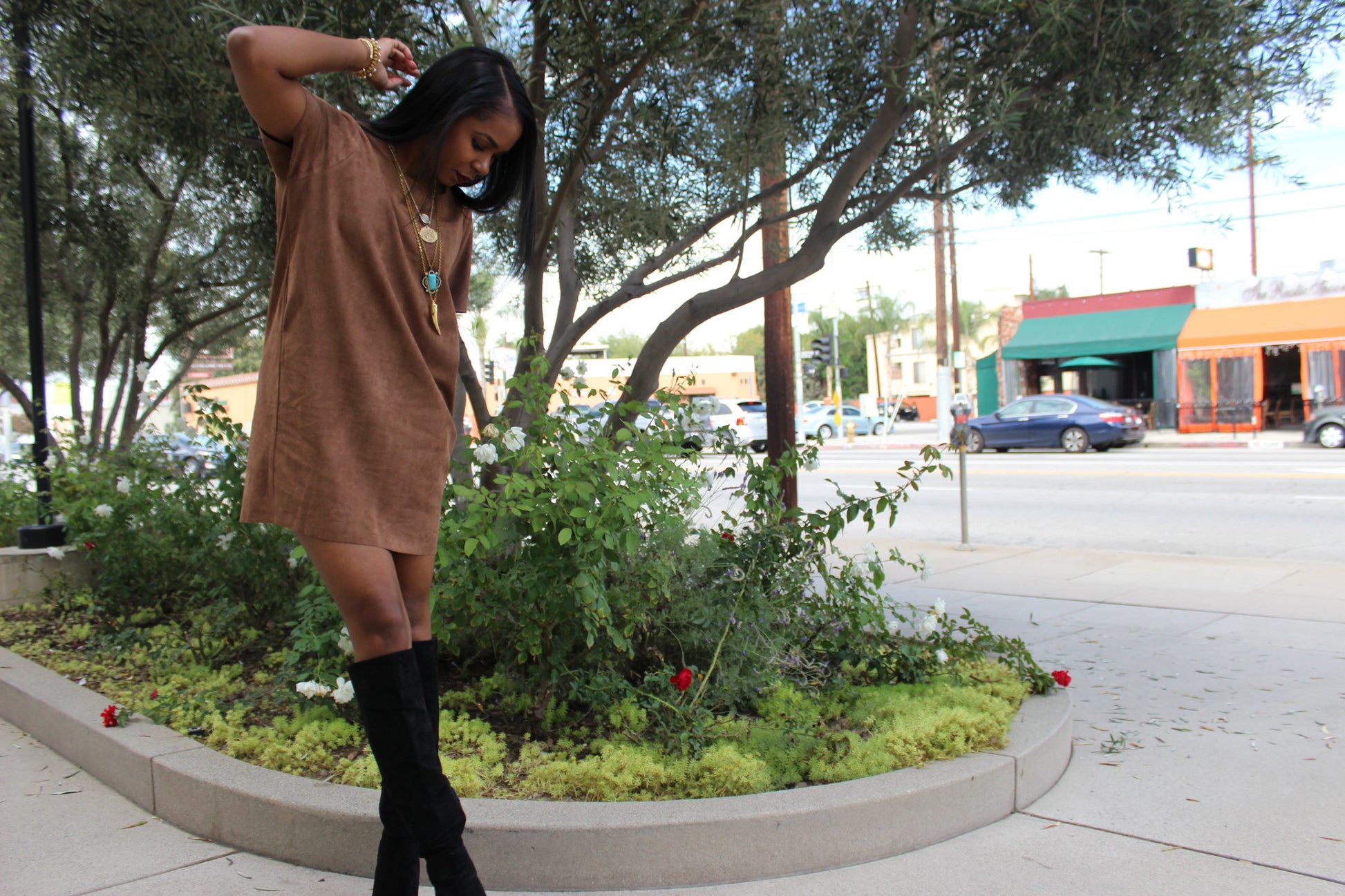 Mila Faux Suede Mini Dress - Amber Moon 