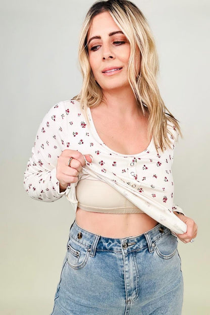 Floral Henley Top with Built in Bra